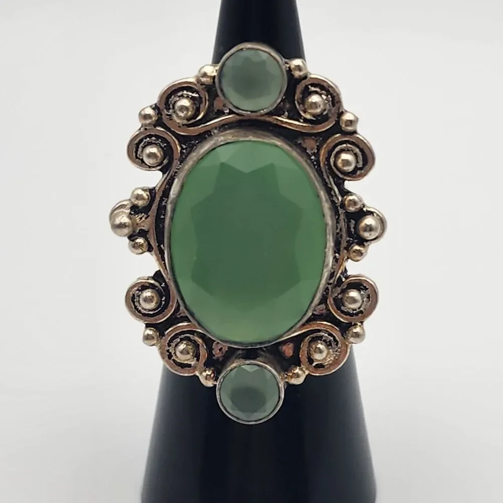 Sterling Silver & Green Crystal Ring (5.5)